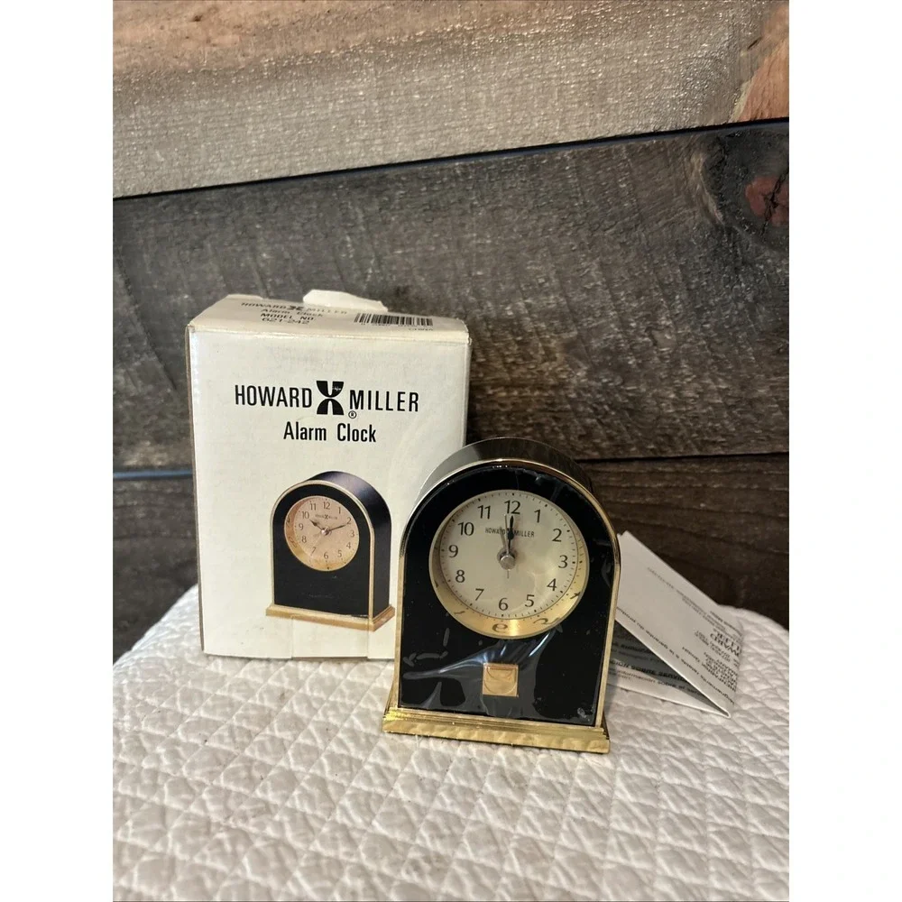 Vtg 80's Howard Miller Carriage Style Brass and Black Quartz Alarm Desk Clock